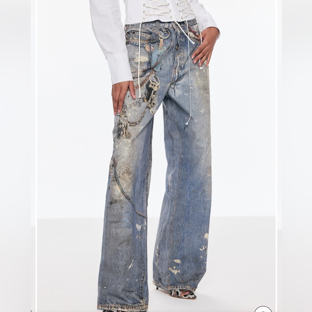 INNOVARE DENIM Birdie Print Barrel Jeans Chain Print Wide Leg Size Small